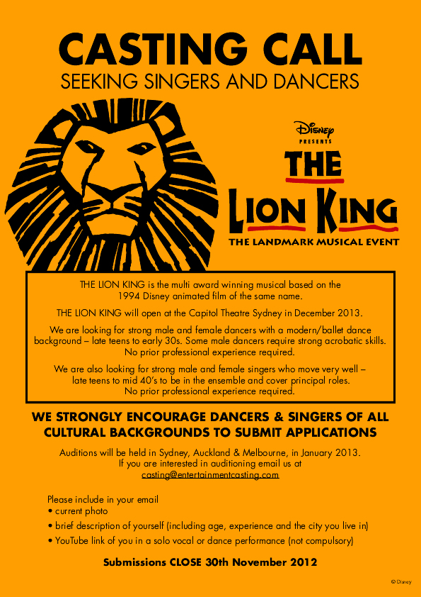 The Lion King Australia Casting Call E-Flyer