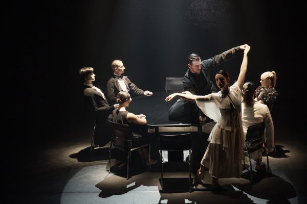 Natalie Weir's 'The Dinner Party/The Host' . Photo by Megan Cullen featuring (L-R -Dary Brandwood, Cloudia Elder, Jack Ziesing, Michelle Barnett, Benjamin Chapman and Rebecca Hall.