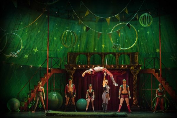 Gabrielle McClindon and acrobats in PIPPIN. Photo by Brian Geach